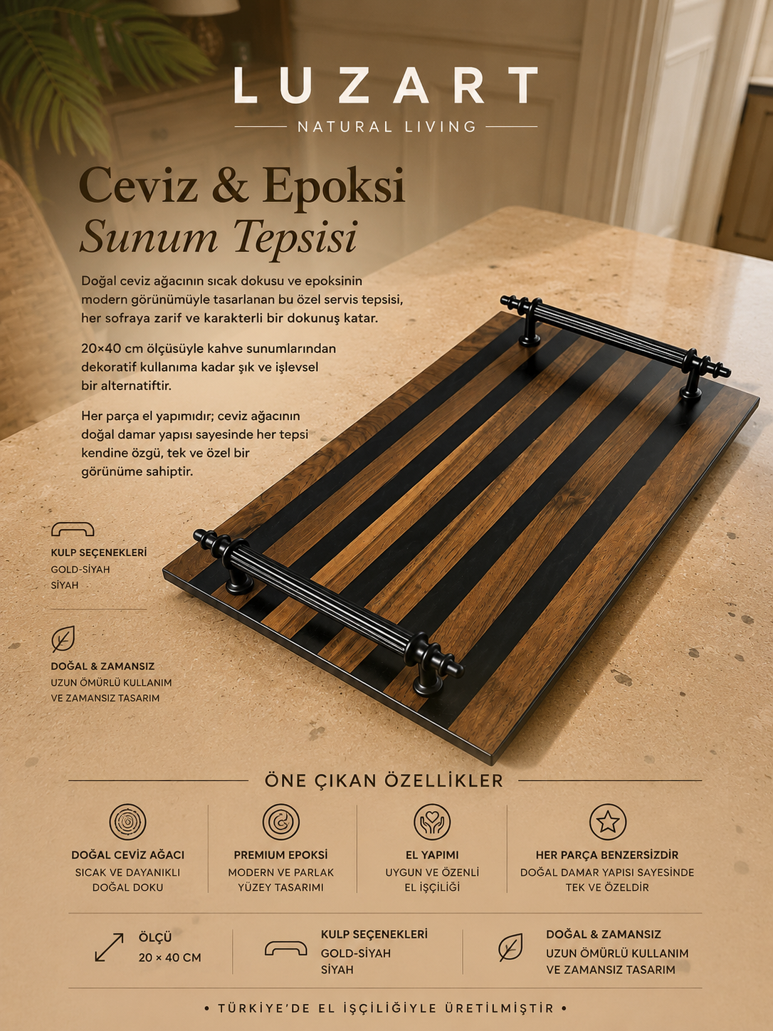 Ceviz Ağacı Epoksi Servis Tepsisi Füme
