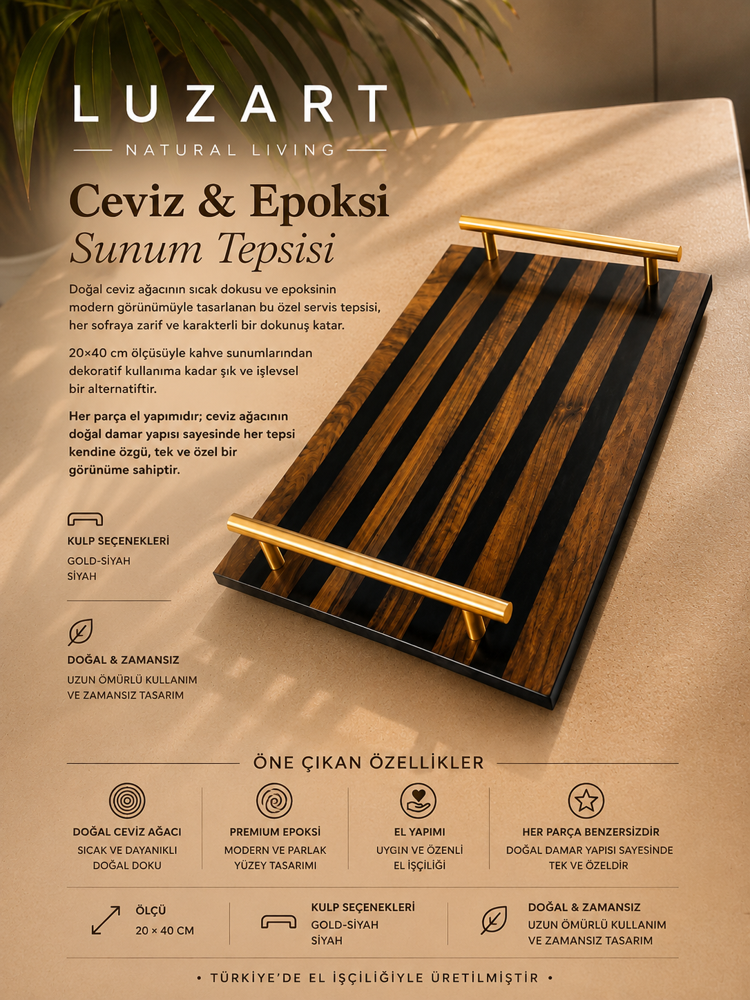 Ceviz Ağacı Epoksi Servis Tepsisi Füme