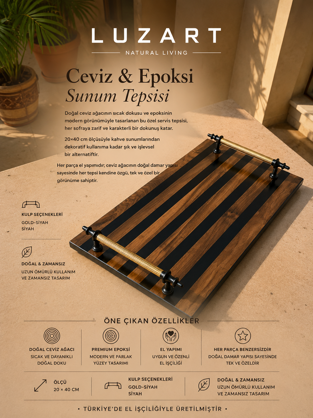 Ceviz Ağacı Epoksi Servis Tepsisi Füme
