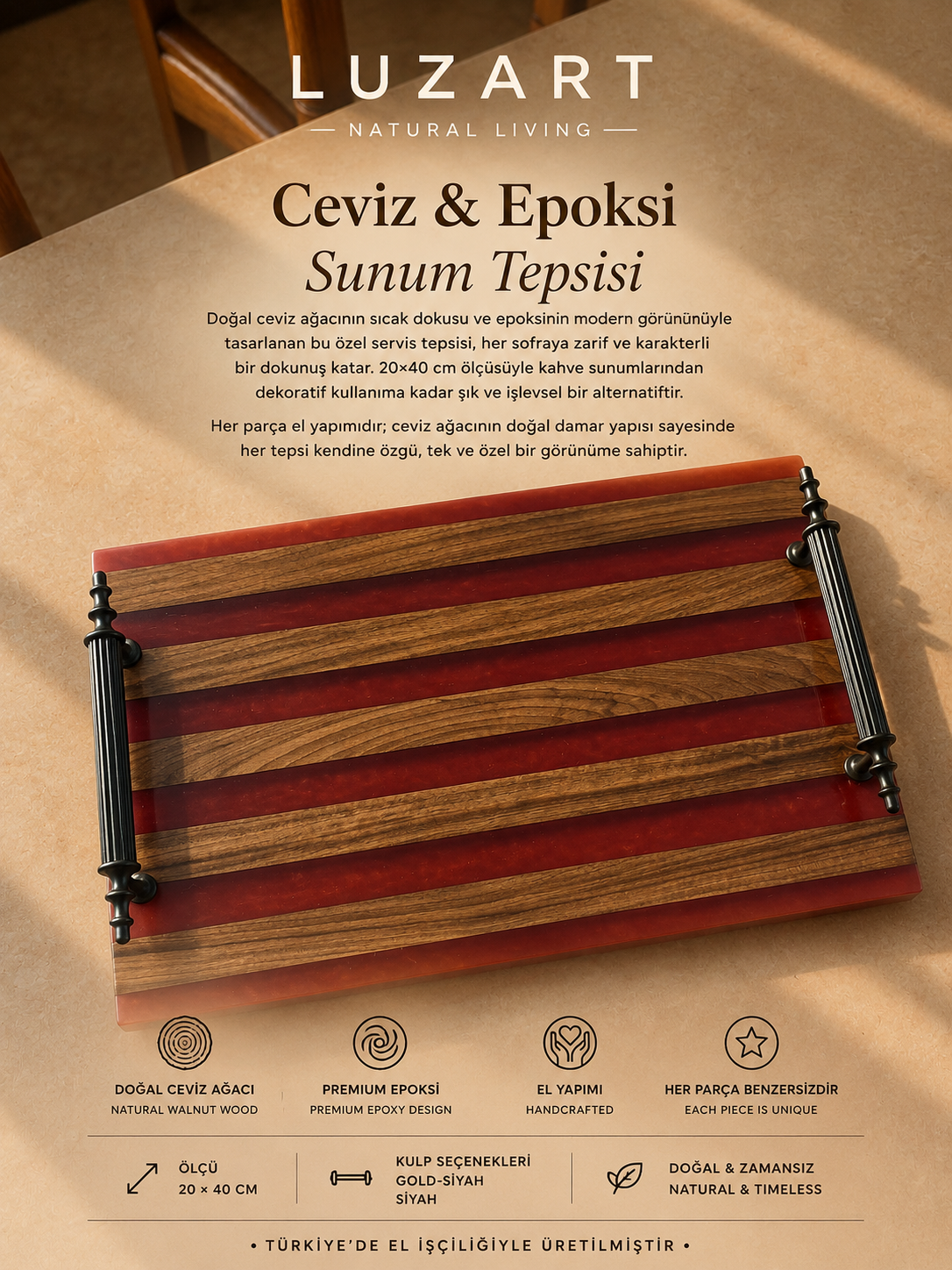 Ceviz Ağacı Epoksi Servis Tepsisi Kırmızı