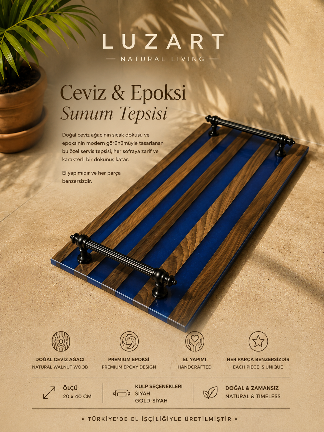 Ceviz Ağacı Epoksi Servis Tepsisi Mavi