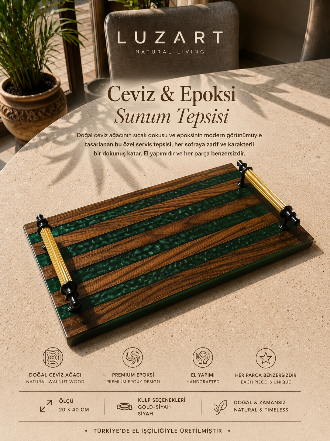 Ceviz Ağacı Epoksi Servis Tepsisi Yeşil