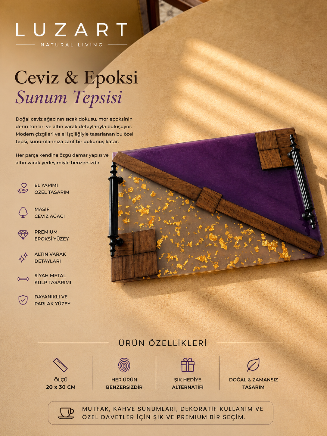 El Yapımı Ceviz & Epoksi Servis Tepsisi – Mor