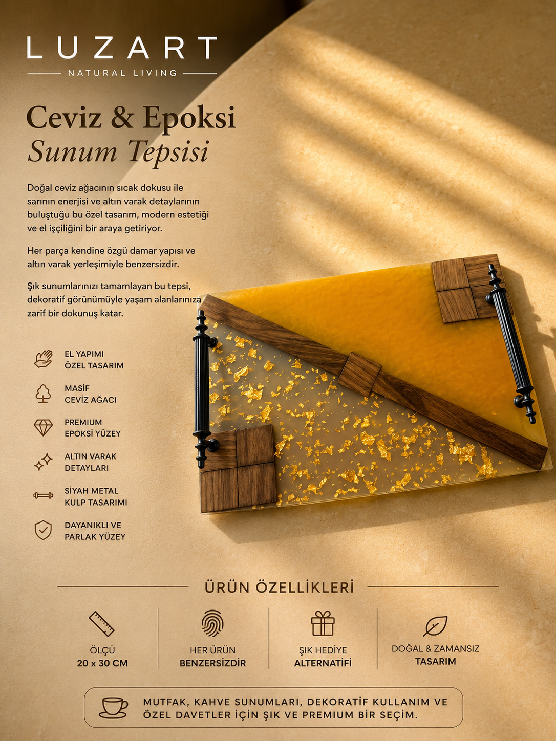 El Yapımı Ceviz & Epoksi Servis Tepsisi – Turuncu