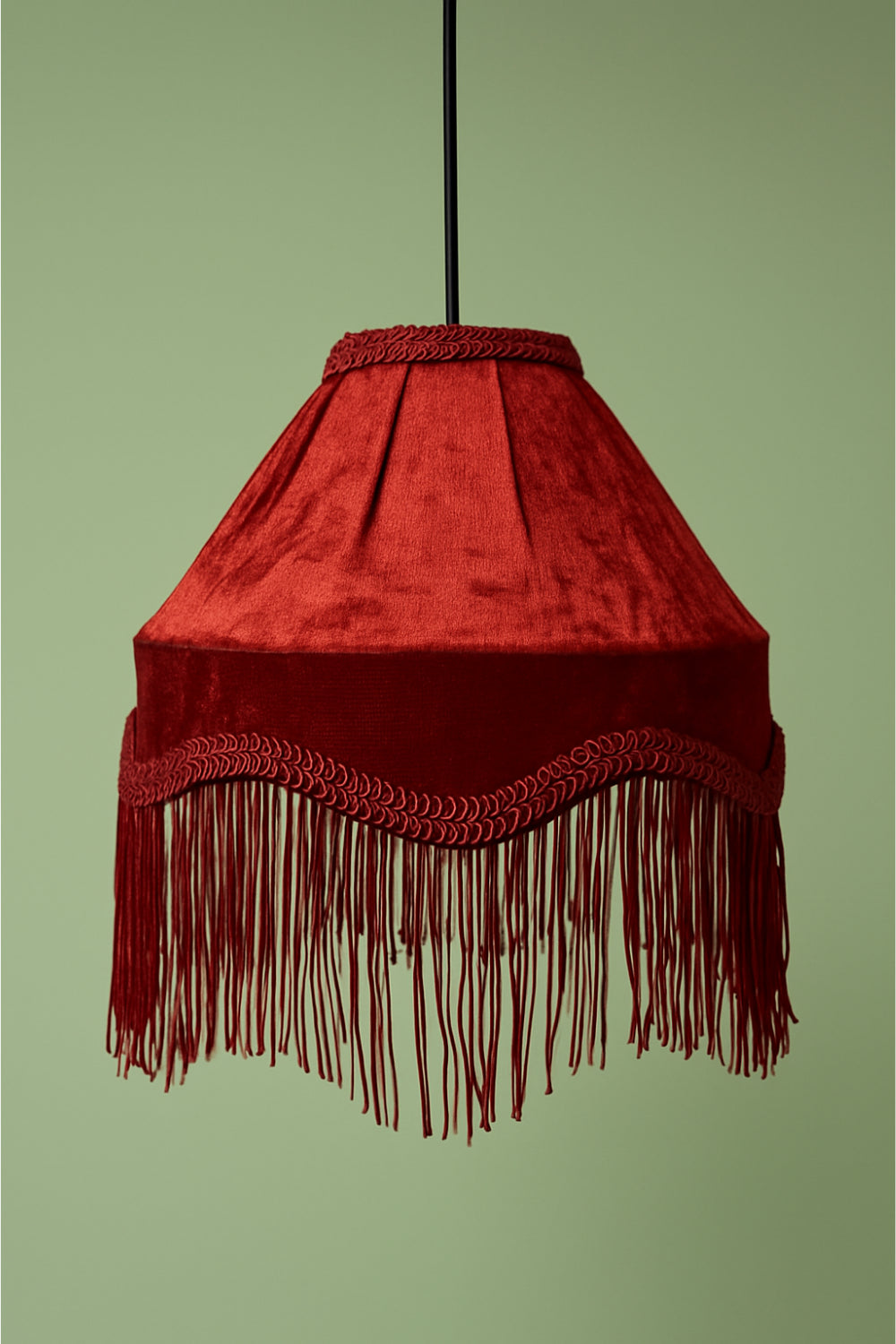 Luna Sarkıt Avize – Kırmızı Kadife Kumaş & Kırmızı Püskül | Vintage El Yapımı Avize