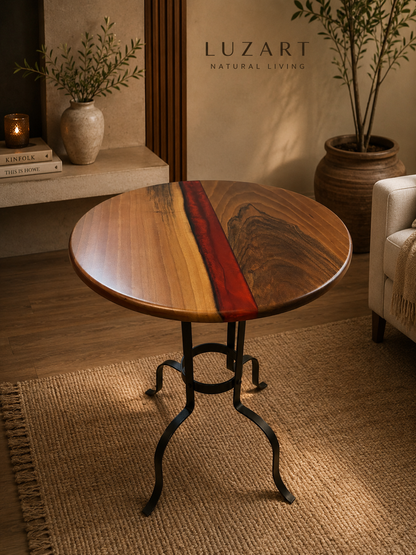 Masif Ceviz & Kırmızı Epoksi Detaylı El Yapımı Yuvarlak Sehpa – Red Line Designer Table