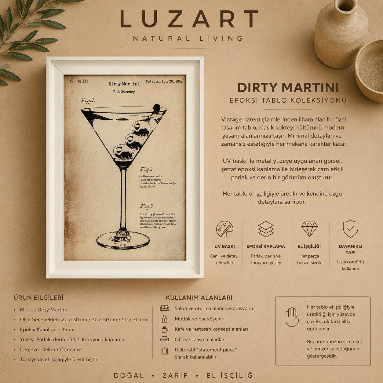 Premium Epoksi Kokteyl Tablolar – Çerçeveli, UV Baskı Duvar Dekoru Koleksiyonu Dirty Martini