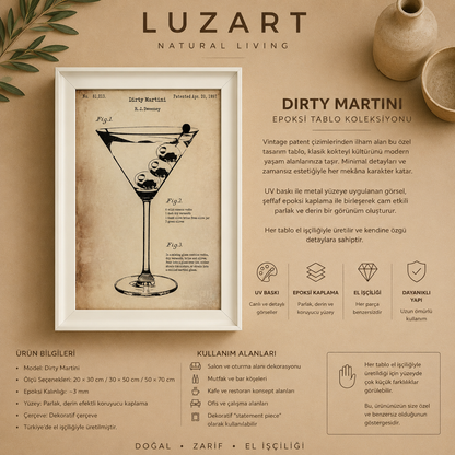 Premium Epoksi Kokteyl Tablolar – Çerçeveli, UV Baskı Duvar Dekoru Koleksiyonu Dirty Martini