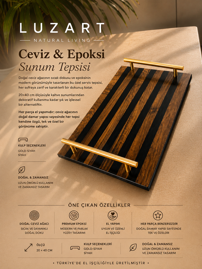 Ceviz Ağacı Epoksi Servis Tepsisi Füme