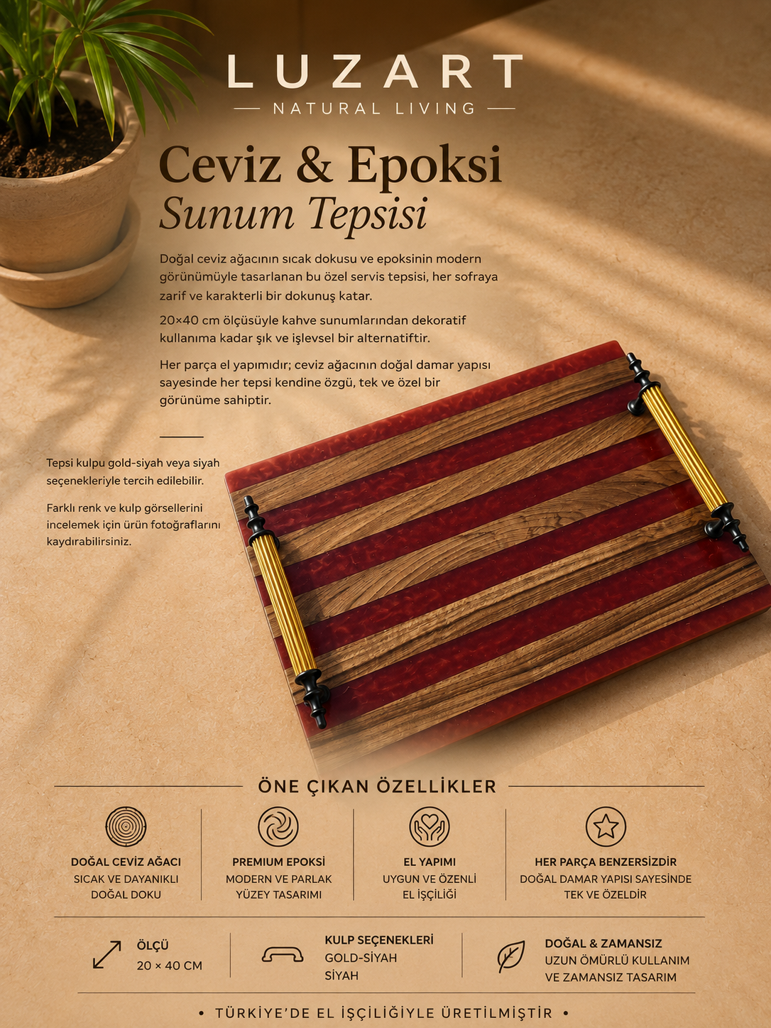 Ceviz Ağacı Epoksi Servis Tepsisi Kırmızı