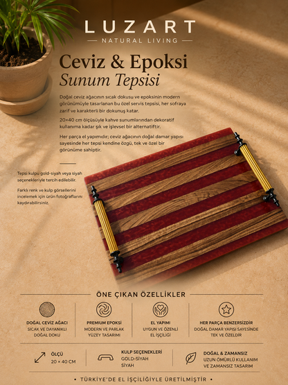 Ceviz Ağacı Epoksi Servis Tepsisi Kırmızı