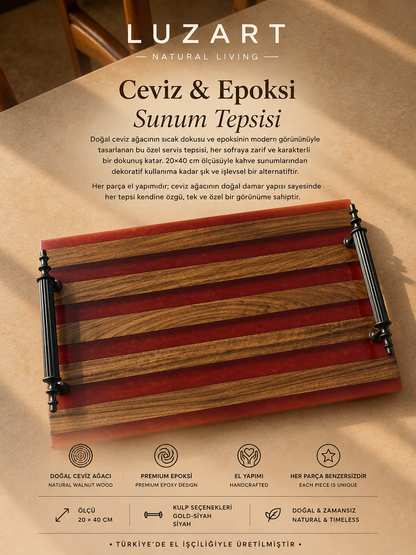 Ceviz Ağacı Epoksi Servis Tepsisi Kırmızı