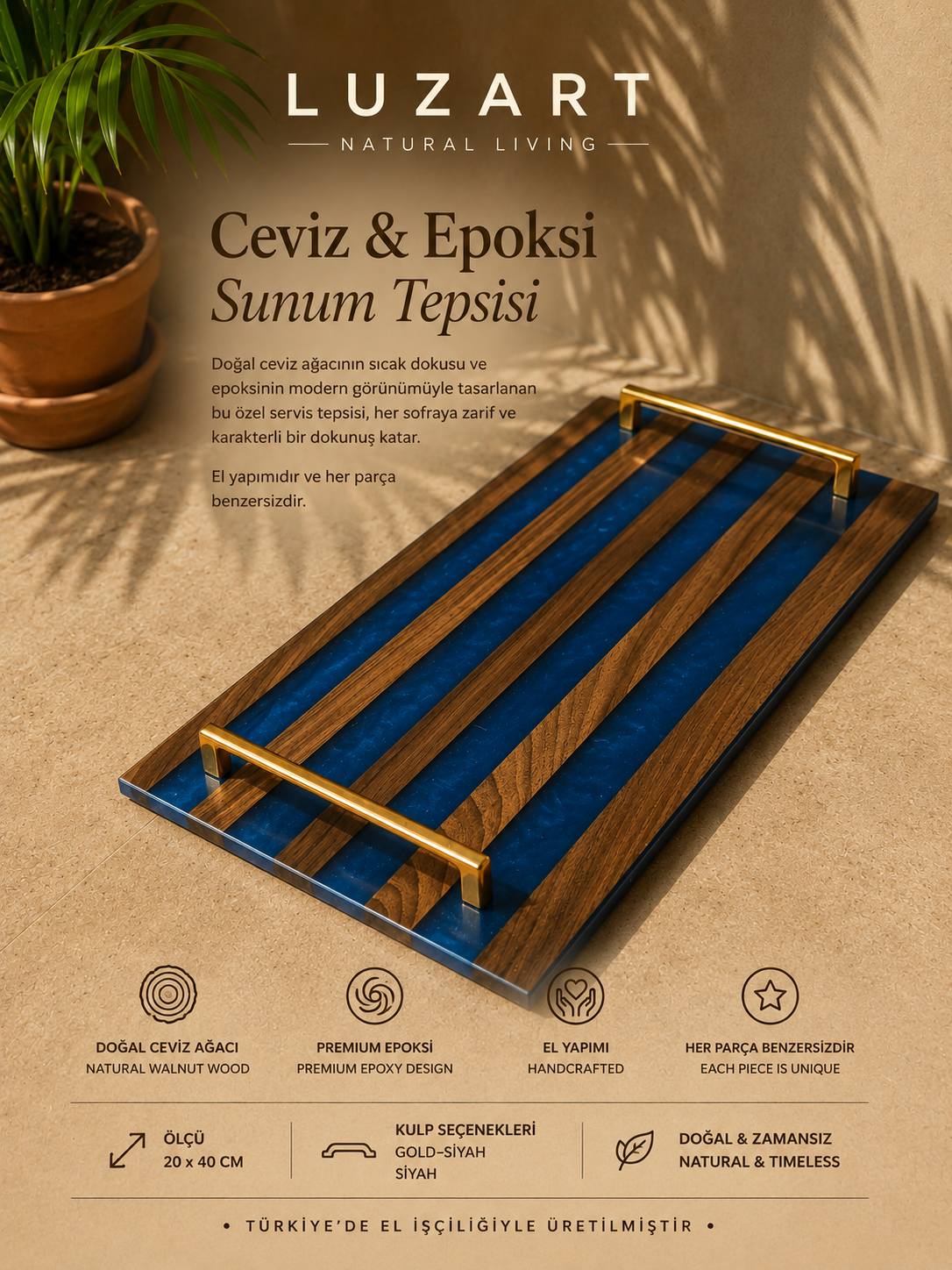 Ceviz Ağacı Epoksi Servis Tepsisi Mavi