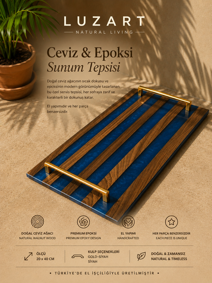 Ceviz Ağacı Epoksi Servis Tepsisi Mavi
