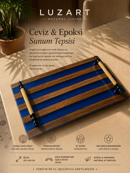 Ceviz Ağacı Epoksi Servis Tepsisi Mavi