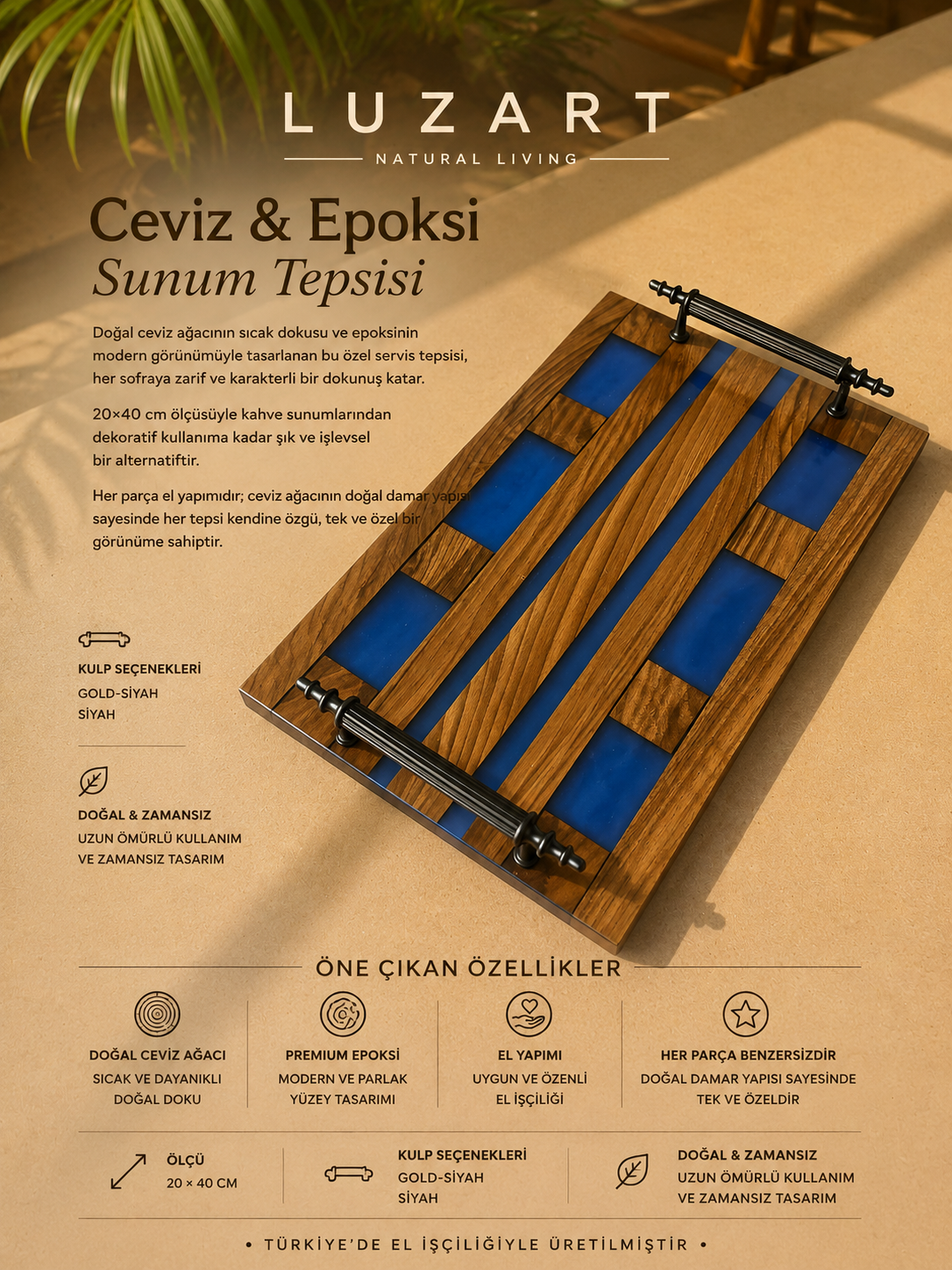 Ceviz Ağacı Epoksi Servis Tepsisi – Mavi