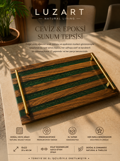 Ceviz Ağacı Epoksi Servis Tepsisi Yeşil