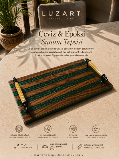 Ceviz Ağacı Epoksi Servis Tepsisi Yeşil