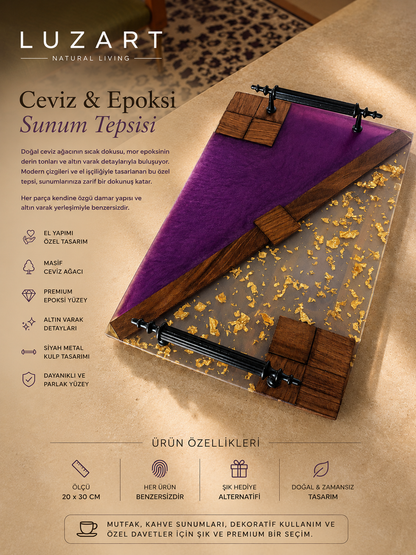 El Yapımı Ceviz & Epoksi Servis Tepsisi – Mor