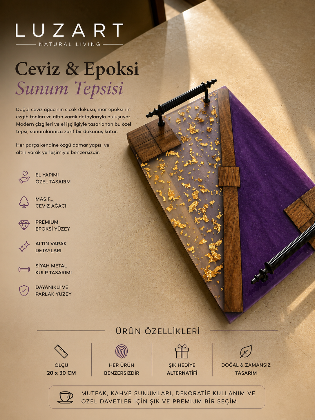 El Yapımı Ceviz & Epoksi Servis Tepsisi – Mor