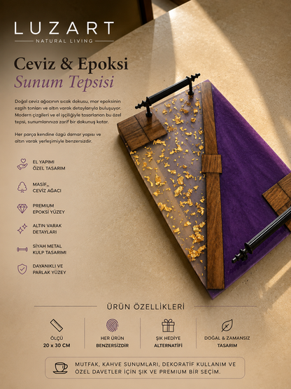El Yapımı Ceviz & Epoksi Servis Tepsisi – Mor