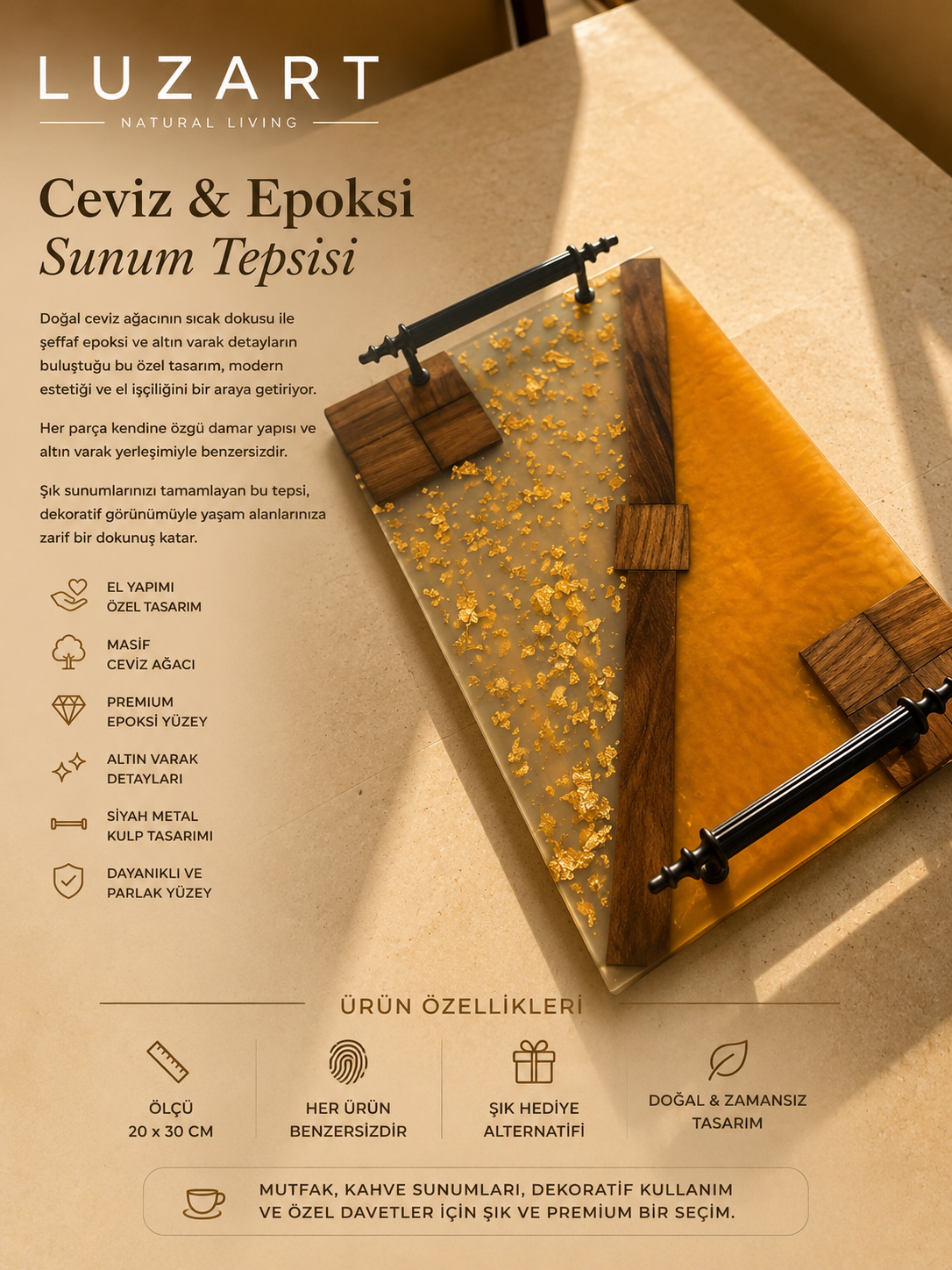 El Yapımı Ceviz & Epoksi Servis Tepsisi –  Turuncu