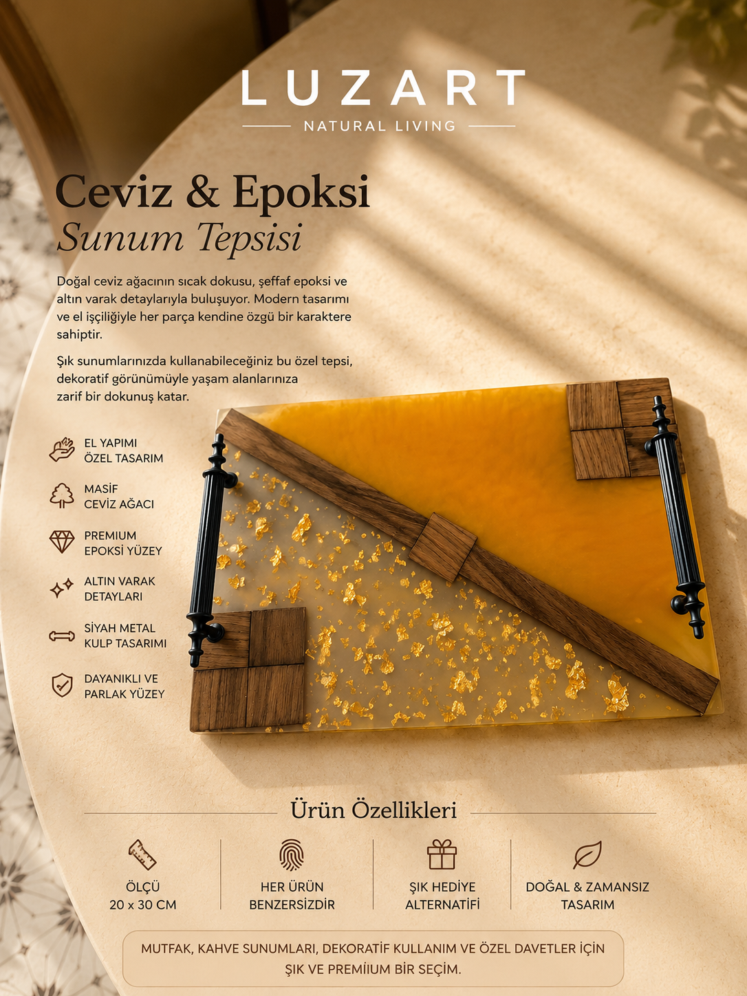 El Yapımı Ceviz & Epoksi Servis Tepsisi –  Turuncu