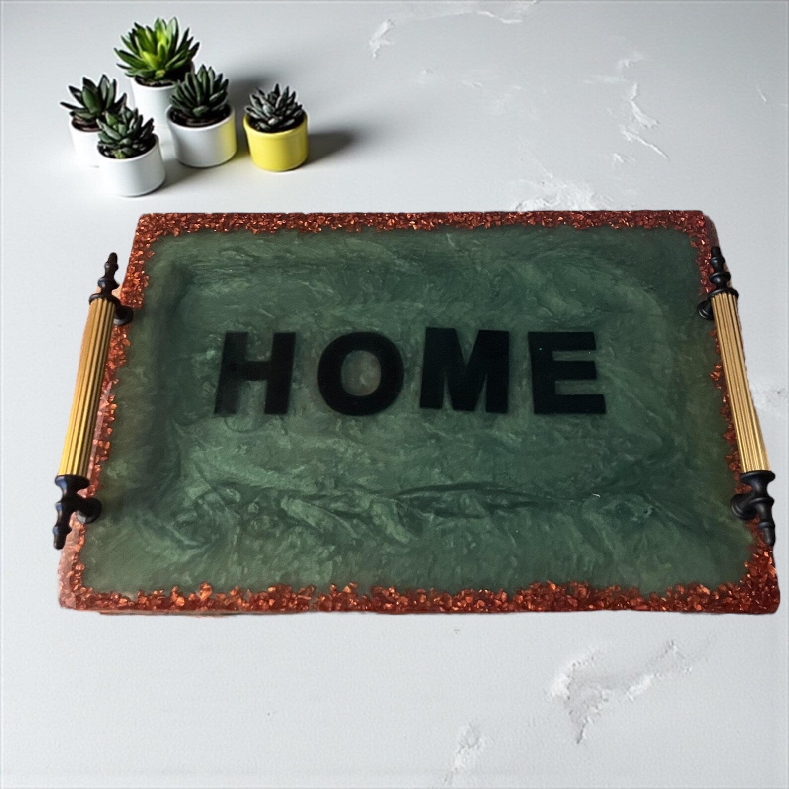 “HOME” Yazılı Yeşil Epoksi Sunum Tepsisi