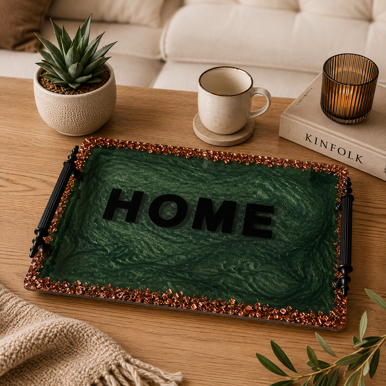 “HOME” Yazılı Yeşil Epoksi Sunum Tepsisi