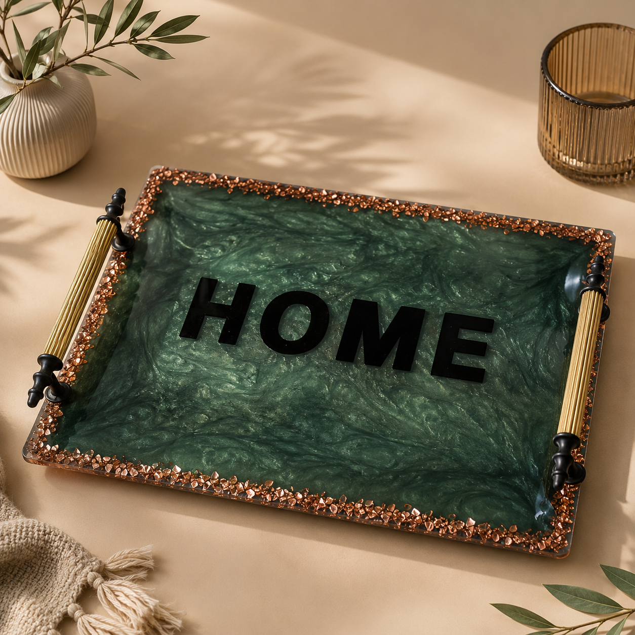 “HOME” Yazılı Yeşil Epoksi Sunum Tepsisi