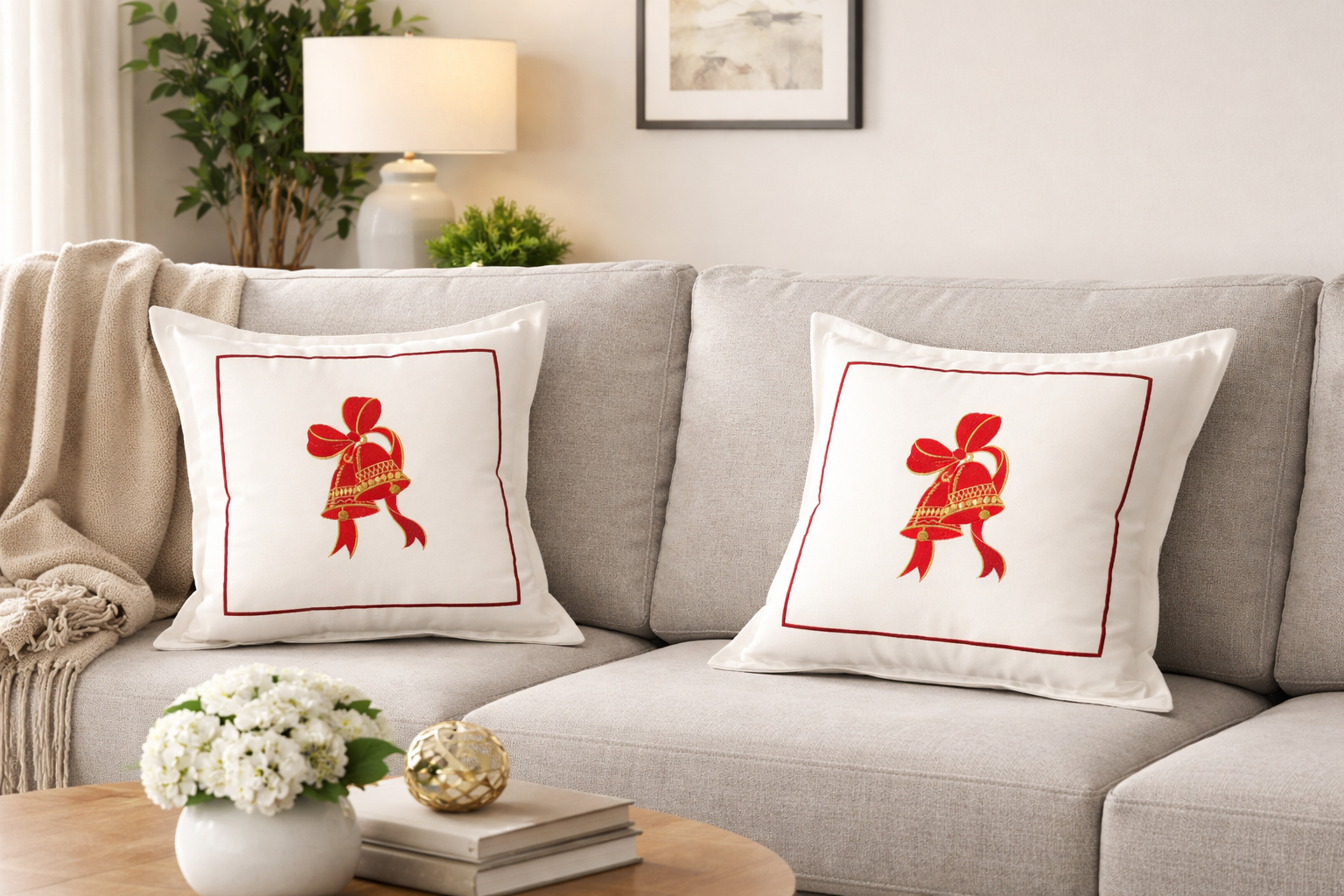 Kırmızı Noel Çanı İşlemeli Dekoratif Kırlent