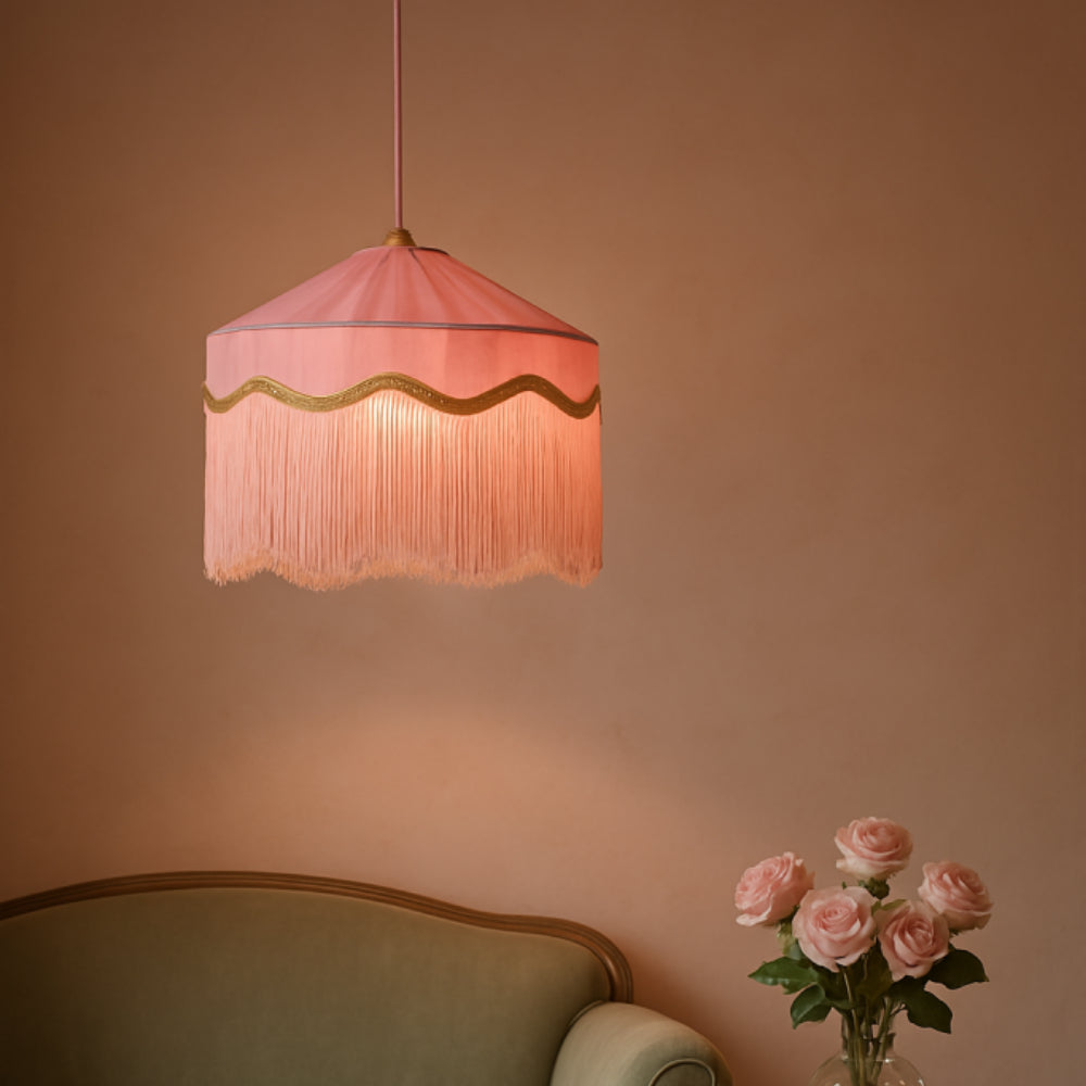 Luna Sarkıt Avize – Cotton Candy | 40 cm Pastel Pembe El Yapımı Vintage Püsküllü Kumaş Avize