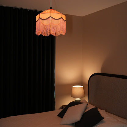 Luna Sarkıt Avize – Cotton Candy | 40 cm Pastel Pembe El Yapımı Vintage Püsküllü Kumaş Avize