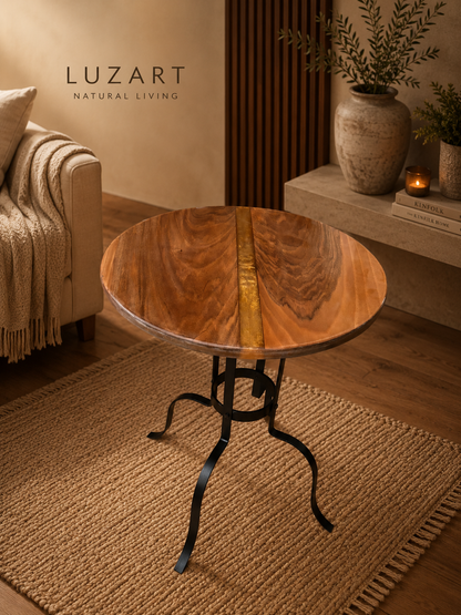 Masif Ceviz & Altın Detaylı El Yapımı Yuvarlak Sehpa – Gold Line Designer Table