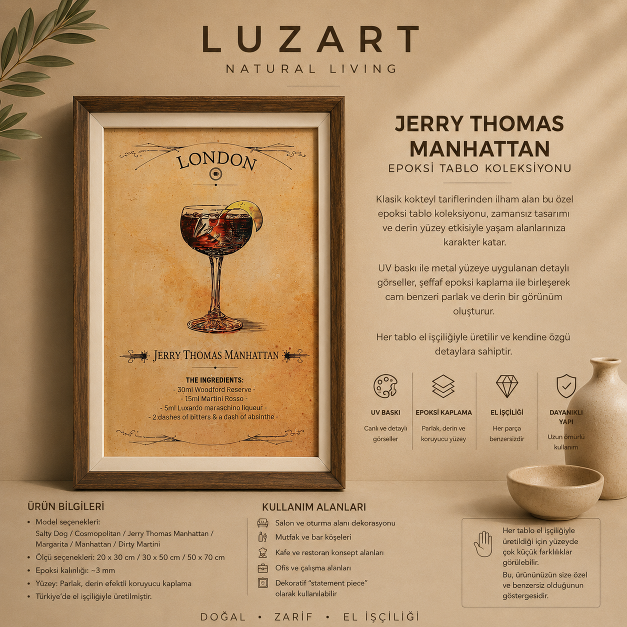 Premium Epoksi Kokteyl Tablolar – Çerçeveli, UV Baskı Duvar Dekoru Koleksiyonu Jerry Thomas Manhattan
